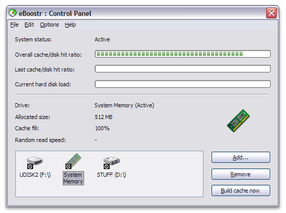 Control Panel screenshot with RAM cache enabled